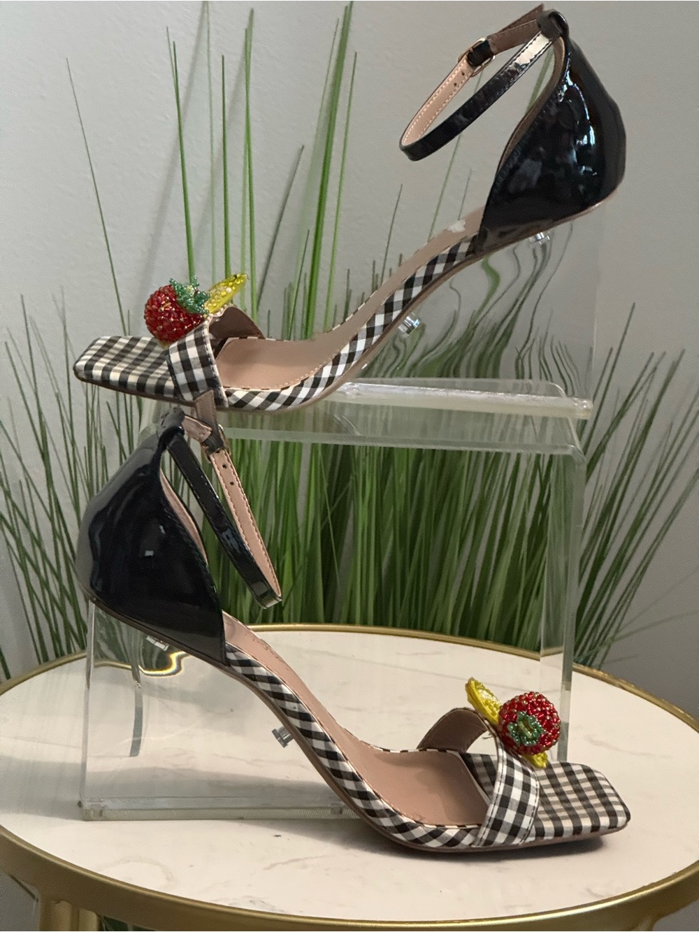 Betsey Iohnson Harlen Gingham Clear Wedge with Fruit Embellishment